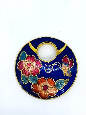 Vintage Cloisonne Enamel Pendant Round Navy Blue Flowers And Butterfly Gold Tone • $11.97