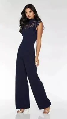 Quiz Navy High Neck Lace Palazzo Wide Leg Jumpsuit Size 14 BNWT • £25