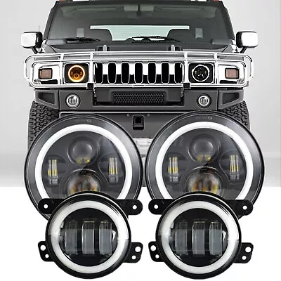 For Hummer H2 H3 H3T 06-10 7  LED Headlights 4  Fog Lights Combo Halo Angel Eyes • $69.29