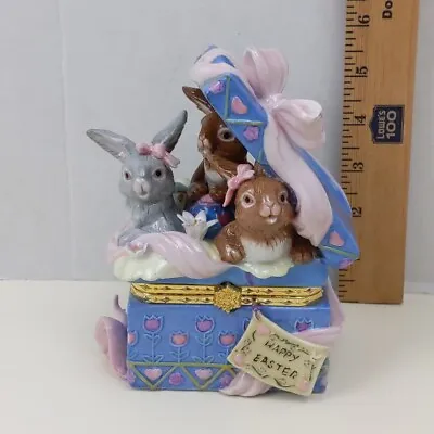 Easter Bunnies Trinket Box Rabbits Eggs Decorated Basket Floral Large Blue Gold • $24.60