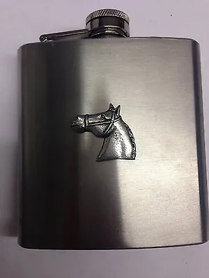 Horse Head E10 Horse & Equestrian English Pewter 6oz Stainless Steel Hip Flask   • £17.95