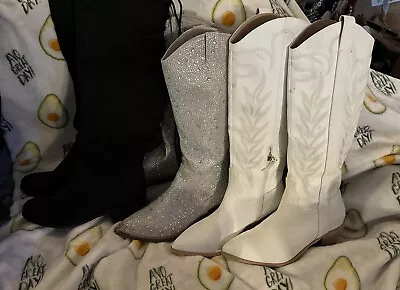 Lot Of 3 Pairs Of Boots Size 7 White Cowboy & Sparkle + Back Over Knee • $15