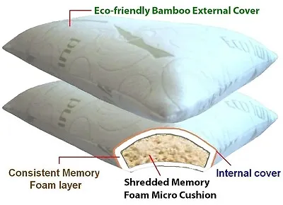 2 PACK STANDARD QUEEN Dual Zone Memory Foam Bed Pillow + Bamboo External Cover • $29.95