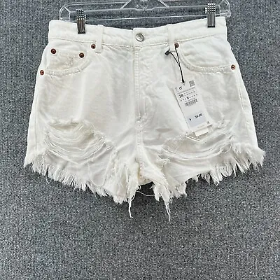 Zara Shorts Womens 06 White Denim Jean Bohemian Distressed Frayed Hem NEW • $13.99