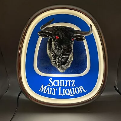 Vintage 1980 Schlitz Malt Liquor Lighted Beer Sign Ad Bull Red Eyes READ • $188.49