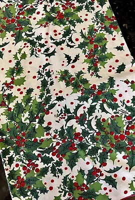 Vintage Cotton Christmas Tablecloth Holiday Holly Berry 52x66 Red Green Retro • $34.99