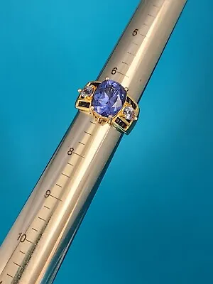 VTG 925 Sterling Sapphire Sides Ring Size 7 Raised Center Glass • $125