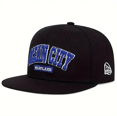 Black Embroidered Ocean City Baseball Cap Hip-Hop Snapback Hat Flat Brim 56-61 O • £11.99