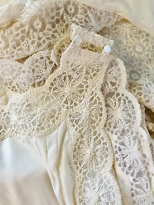 Vintage Peignoir Set Womens Medium Ivory Cotton Satin Sheath Gown Crochet Robe • £85.99