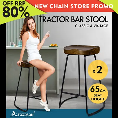 $119.85 • Buy ALFORDSON 2x Bar Stools 65cm Tractor Kitchen Wooden Vintage Chair Dark