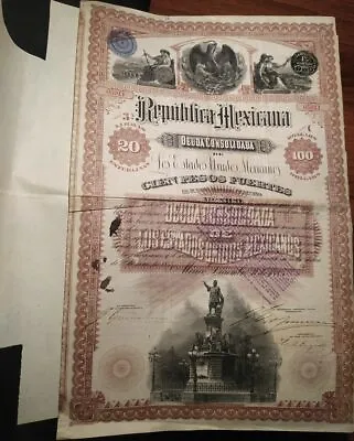 Mexico 1885 Columbus Republica Mexicana Deuda Consolidada 20 Pounds Warrant Bond • $350