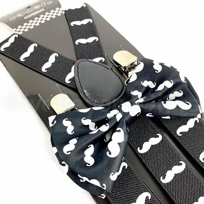 Suspender And Bow Tie Adults Black W/ White Mustaches Formal Wear Accessories  • $9.99