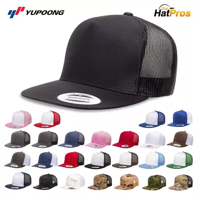 YP Classics Yupoong Flat Bill Trucker Cap Structured Meshback Snapback Hat 6006 • $9.63