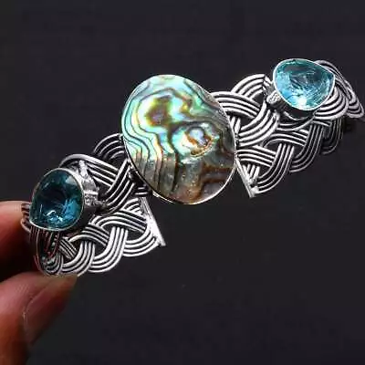 Abalone Shell Blue Topaz Gemstone  Adjustable Bangle Jewelry 27 Gms AB 9382 • $6.09