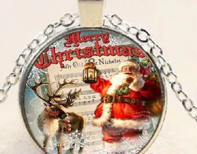 SANTA DEER CHRISTMAS MERRY Pendant Silver 20  Necklace Women Mom  • $18.88