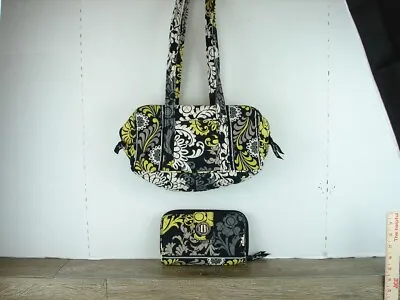 Vera Bradley Paisley Floral Quilted Set Handbag And Wallet BlackWhite& Yellow • $14.70