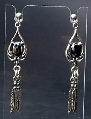 Vintage W&M 925 Sterling Silver Oval Black Spinel Feather Dangle Earrings 5.91g • $17.49