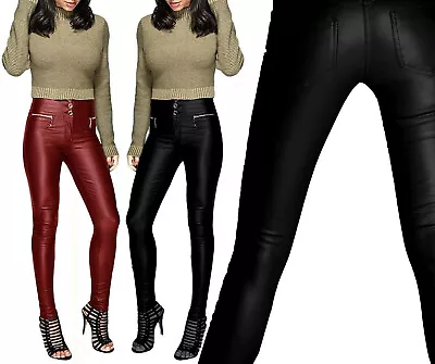 New Women’s Ladies Sexy Trousers Leather Look Slim Fit Skinny 3 Button Zip Jeans • £19.99