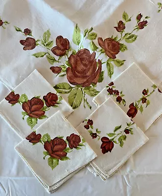 Vintage Brown Rose Stamped Tablecloth With 4 Matching Napkins • $24.99