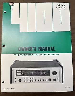 Original McIntosh MAC 4100 Owners Manual: From Original Dealer's Binder! • $35