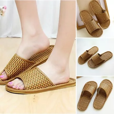 Slippers Women Bamboo Linen Casual Couple Flat Shoes Indoor Unisex Men Sandals • $20.22