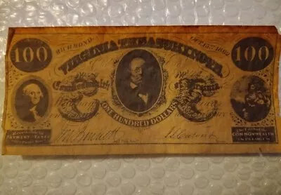 Virginia Treasury $100 Note Faith Of The Commonweath 1862 Civil War REPRO 7.5  • $18