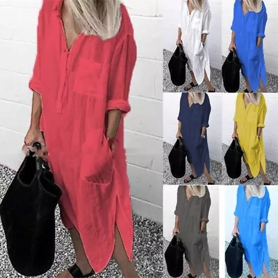 £10.99 • Buy Casual Womens Shirt Dress Plus Size Cotton Linen Long Sleeve Baggy Split Dresses