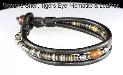 Tiger Eye Shell Hematite Leather Armband Wristband Men Bracelet 2B-640 • £15.47