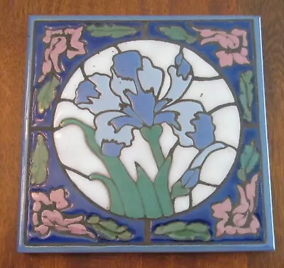 6  Vintage Triton Ceramic Art Glazed Tile Blue Floral Iris • $25