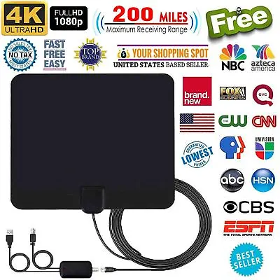 [200 Miles] Black Indoor Digital TV HDTV Antenna [2020 Latest] UHF/VHF/1080p 4K • £17.62