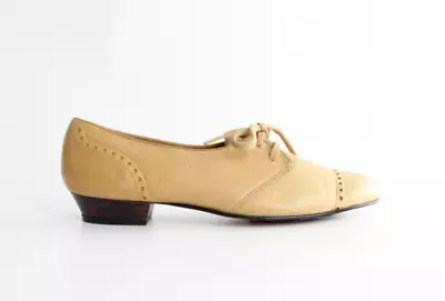 Never Worn Vtg 1960s Lace Up Leather Oxfords Saddle Shoes Brogue Flats Camel 7.5 • $179.99