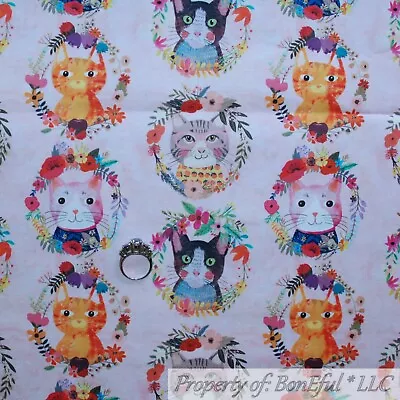 BonEful Fabric FQ Cotton Quilt Pink Rainbow Tiger Lilly Flower Kitty Cat Calico • $9.50