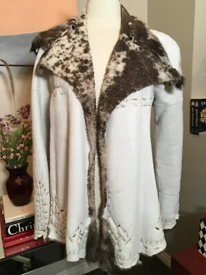 Maxfield Parrish Size XS White Brown Leather Fur Collar Coat 2400-245-21320 • $650