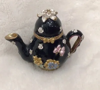 Vintage Black Teapot Trinket Box Enameled Gold Metal Flower & Butterfly • $15