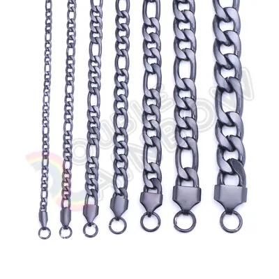 Men Women's Stainless Steel Figaro Chain Black Plated Necklace 3mm-12mm • $7.48