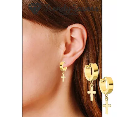Dangle Cross Earrings For Women Men Hinged Hoop Cross Surgical Steel Yellow Gold • £3.99