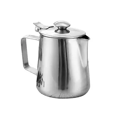 Silver Stainless Steel Coffee  Milk Frothing Jug Bar With Lid 5 Sizes • £12.90