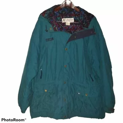 Columbia Mens Ski Jacket Green Fleece Lined Hooded Pockets Snap Buttons Zip XL • $39.99