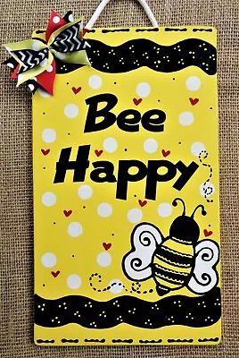 BEE HAPPY Bumblebee SIGN Wall Art Door Hanger Plaque Home & Family Decor • $13