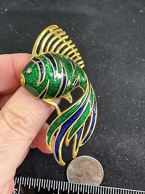 Fish Blue Green Enamel Rhinestone Eye 2.5x1.5  Vintage Gold Brooch M-6678 • $9.99