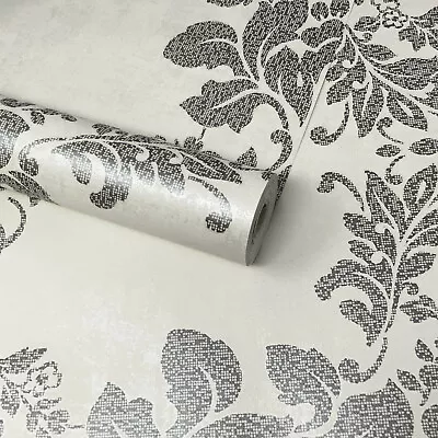 Decorline - Cream Champagne And Pewter Silver Floral Trellis Damask Wallpaper • £6.49