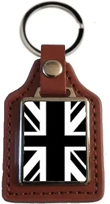 Union Jack Black & White Brown Leather Square Key Fob In A Velvet Gift Bag • £5.99