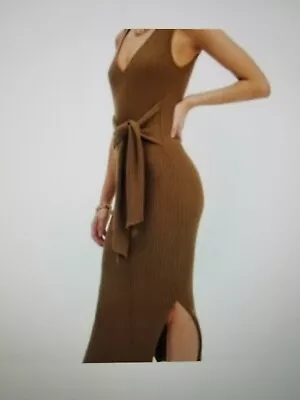 GOOD AMERICAN Sleeveless Rib Knit Tie Waist Midi Dress Taupe Tan Size 2 M • $73.50