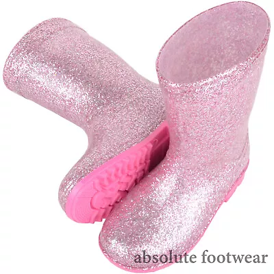 Childrens Kids Girls Slip On Rubber Rain Winter Glitter Sparkle Wellington Boots • £9.99