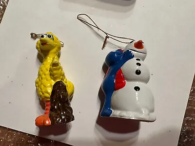 Muppets Inc Grover Building A Snowman & Big Bird Ceramic Christmas Ornament VTG • $15.99