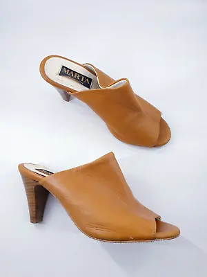 Marta Jonsson Size 4 (37) Tan Brown Leather Peeptoe Cone Heel Mule Sandals • £20
