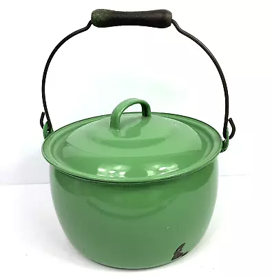 Antique Vtg Green Enamel Stock Pot Woodstove Water Primitive Wood Handle & Lid • $35