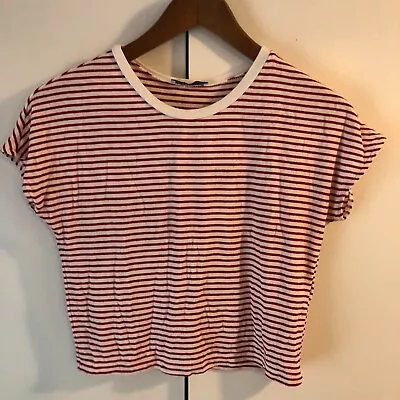 Zara MEDIUM Red White Candy Striped Breton Cropped Fine Knit S/S T-Shirt Top B85 • $3.87