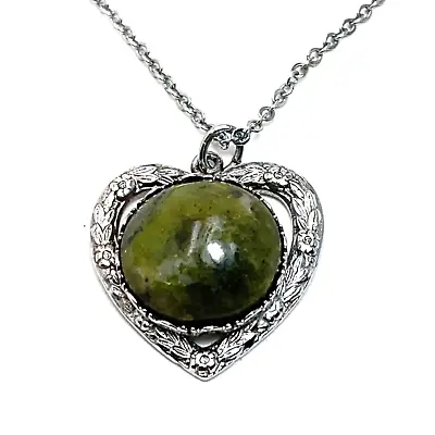 MIZPAH Necklace Heart Pendant Floral Etched Sweetheart Scottish Agate Stone • $9.99