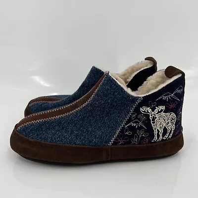 Acorn Women's Forest Wool Bootie Slippers Navy Blue Embroidered Moose Knit S/5-6 • $44.95